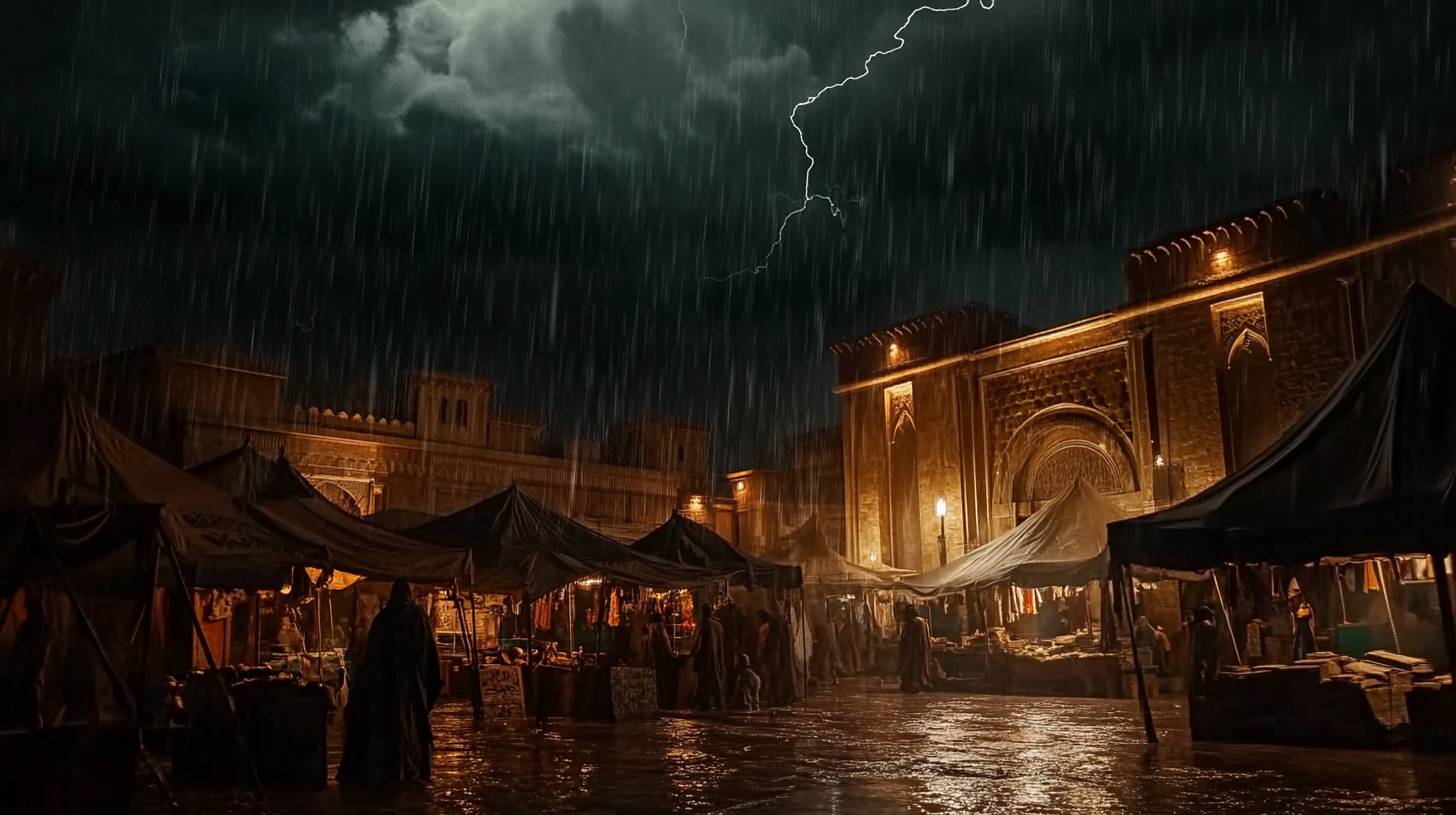 Ancient city at night: storm over marketplace