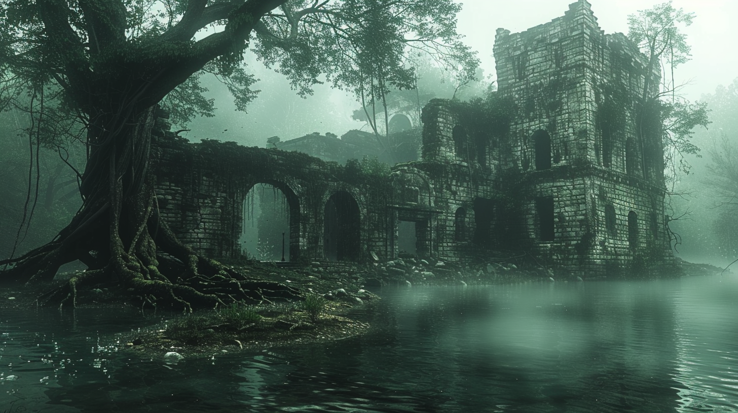 Ancient city ruins underwater, broken stone buildings, eerie atmosphere.