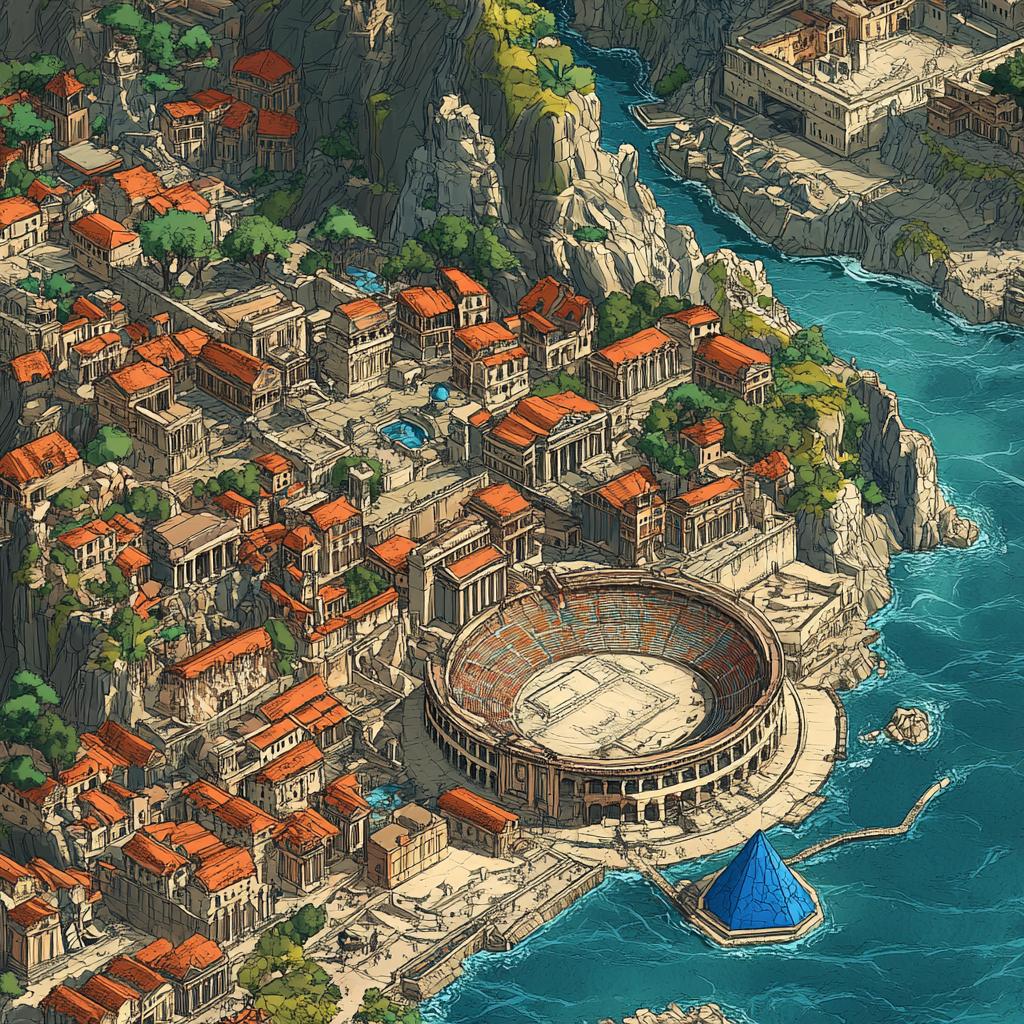 Ancient city with water surrounded by buildings, attractions.