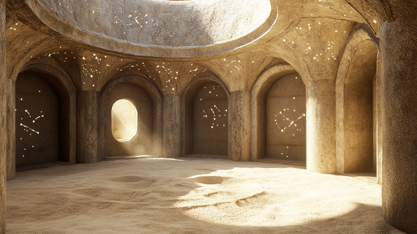 Ancient domed circular temple room with stone walls.