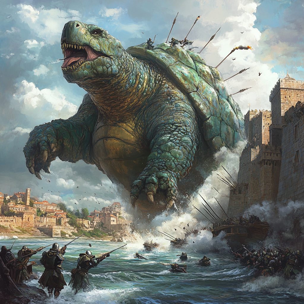 Ancient dragon turtle attacked port city with ballista.