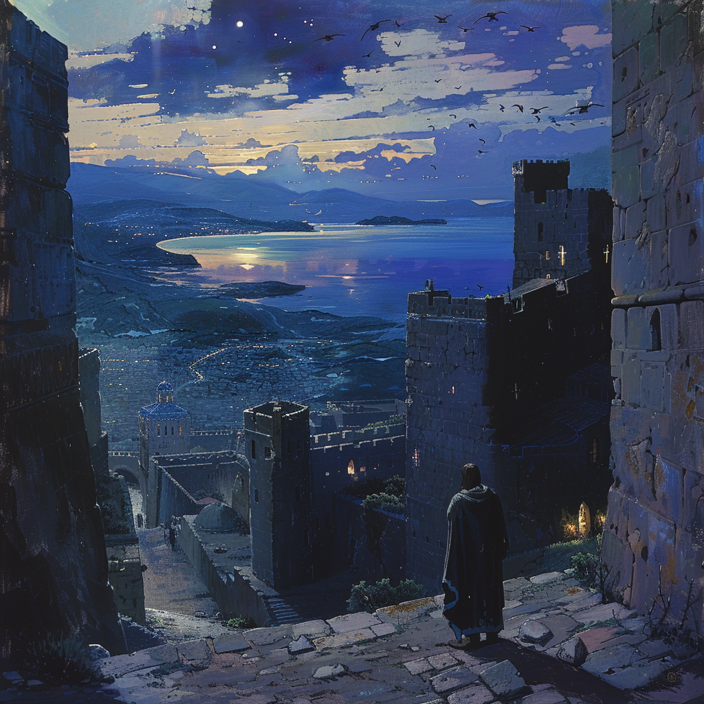 Ancient fortress overlooks city at twilight, lone figure