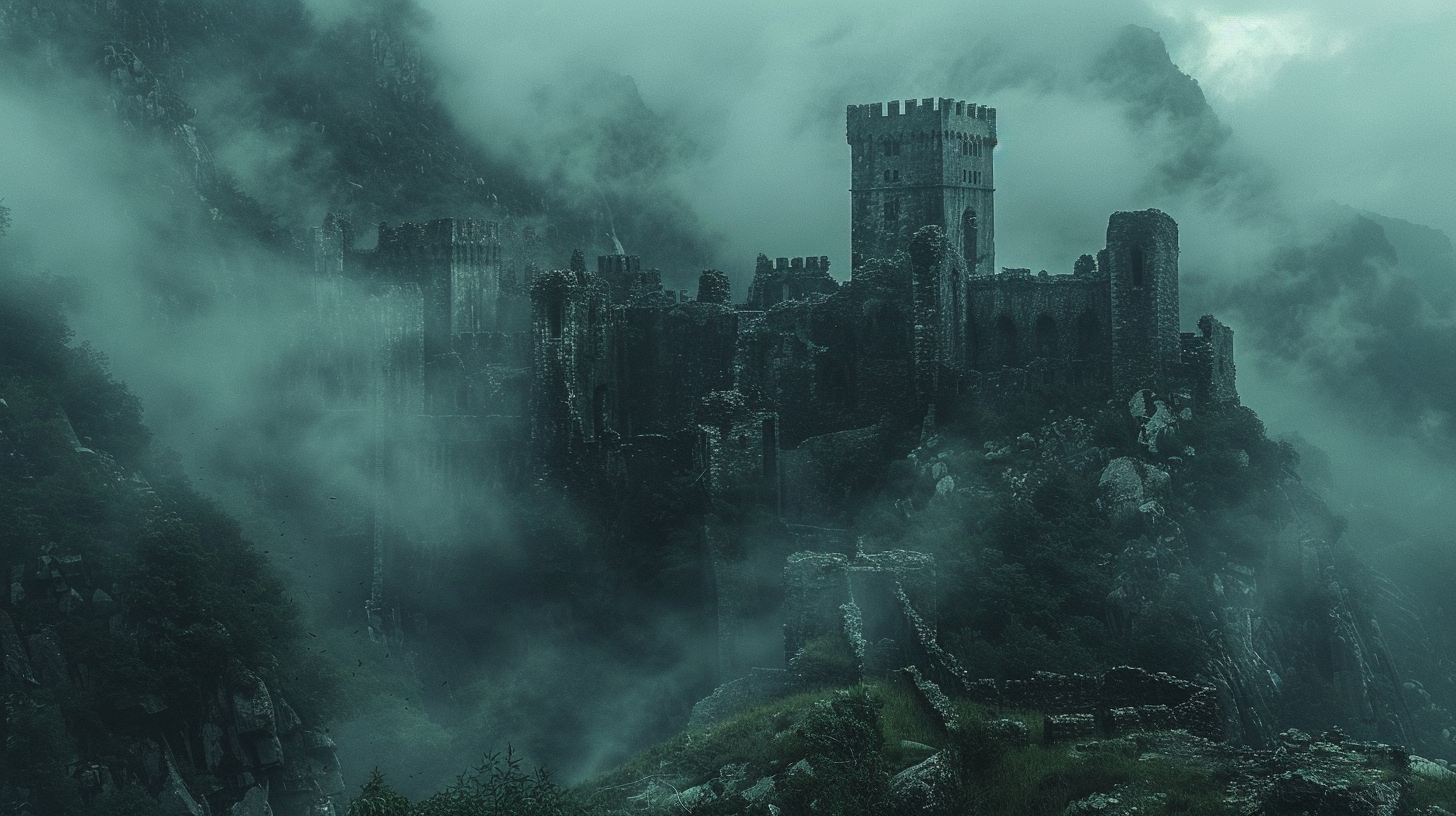 Ancient fortress ruins in mountains with wild vegetation.