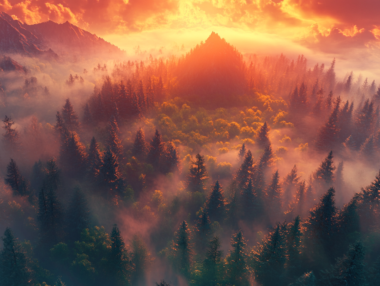 Ancient magical forest with red sunset mountain.