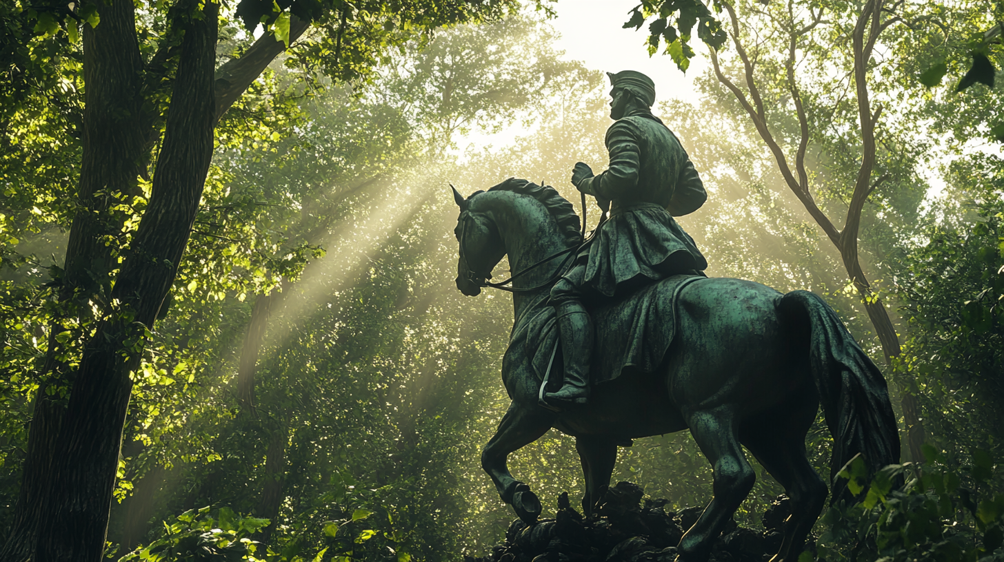 Ancient military leader statue under sunlight in forest