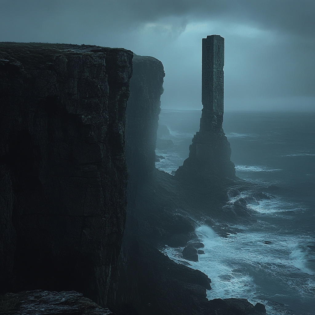 Ancient monument on cliff with mysterious glowing runes.