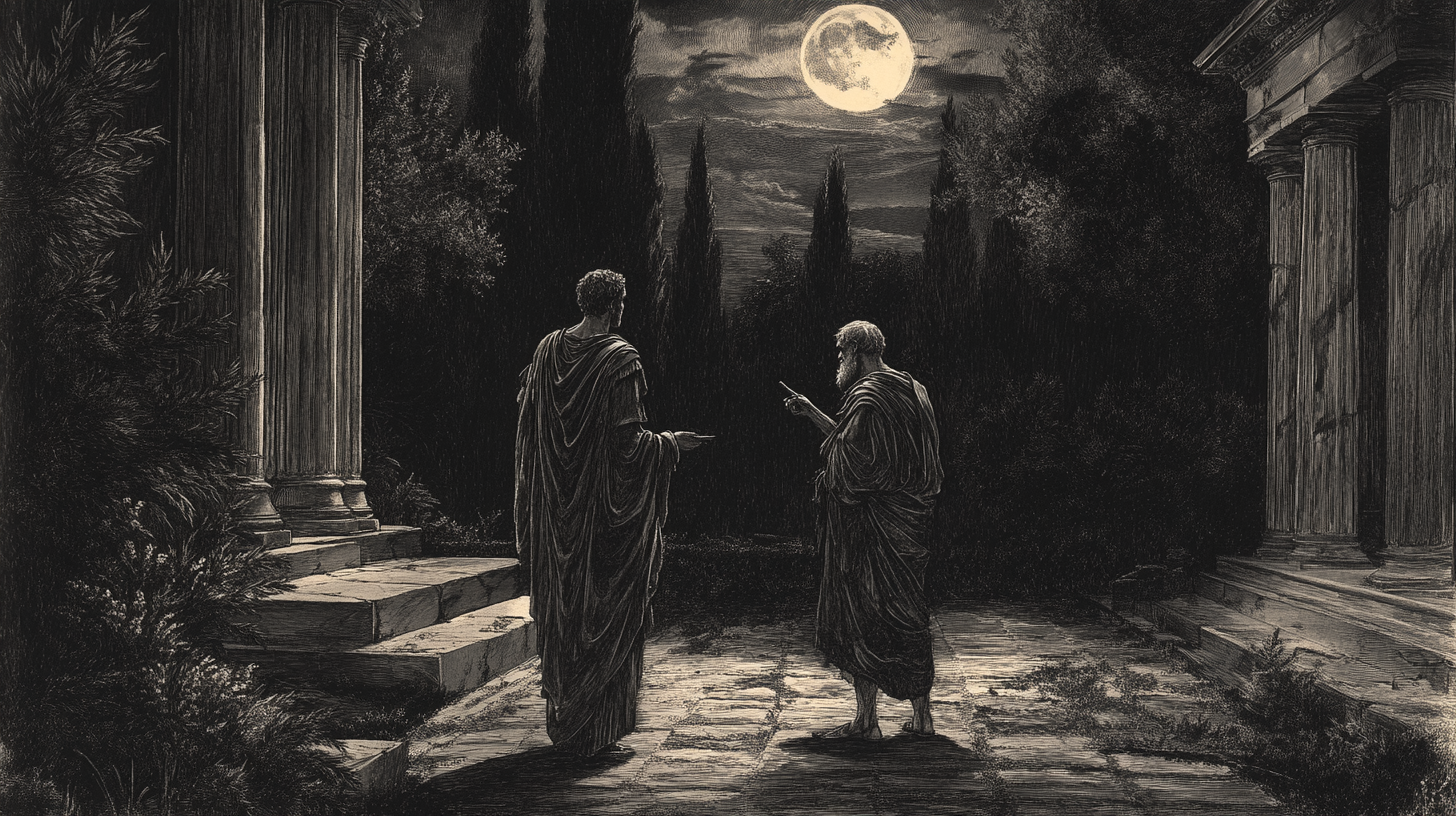 Ancient philosopher faces ghost in eerie moonlit garden.