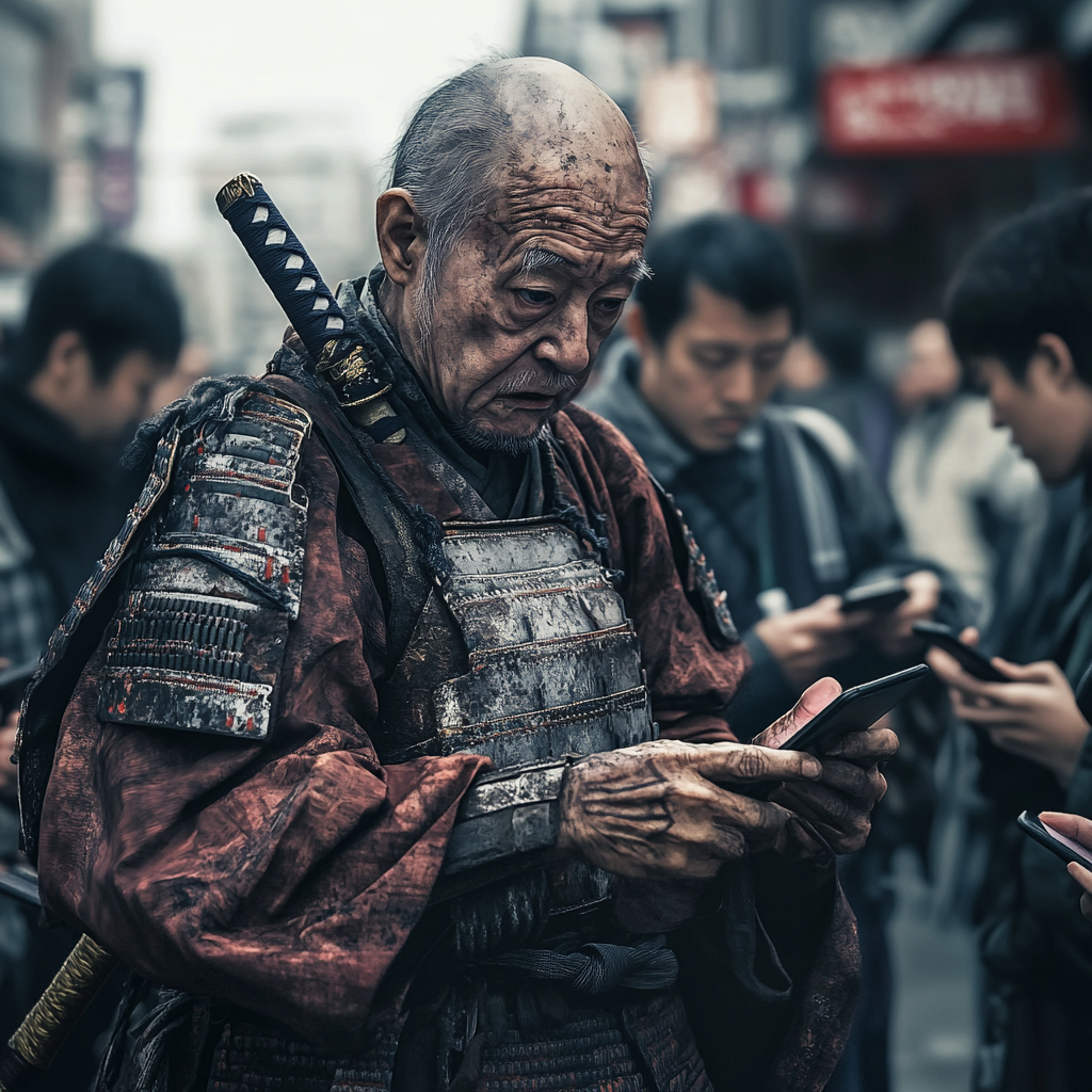 Ancient samurai bewildered by modern technology in Japan.