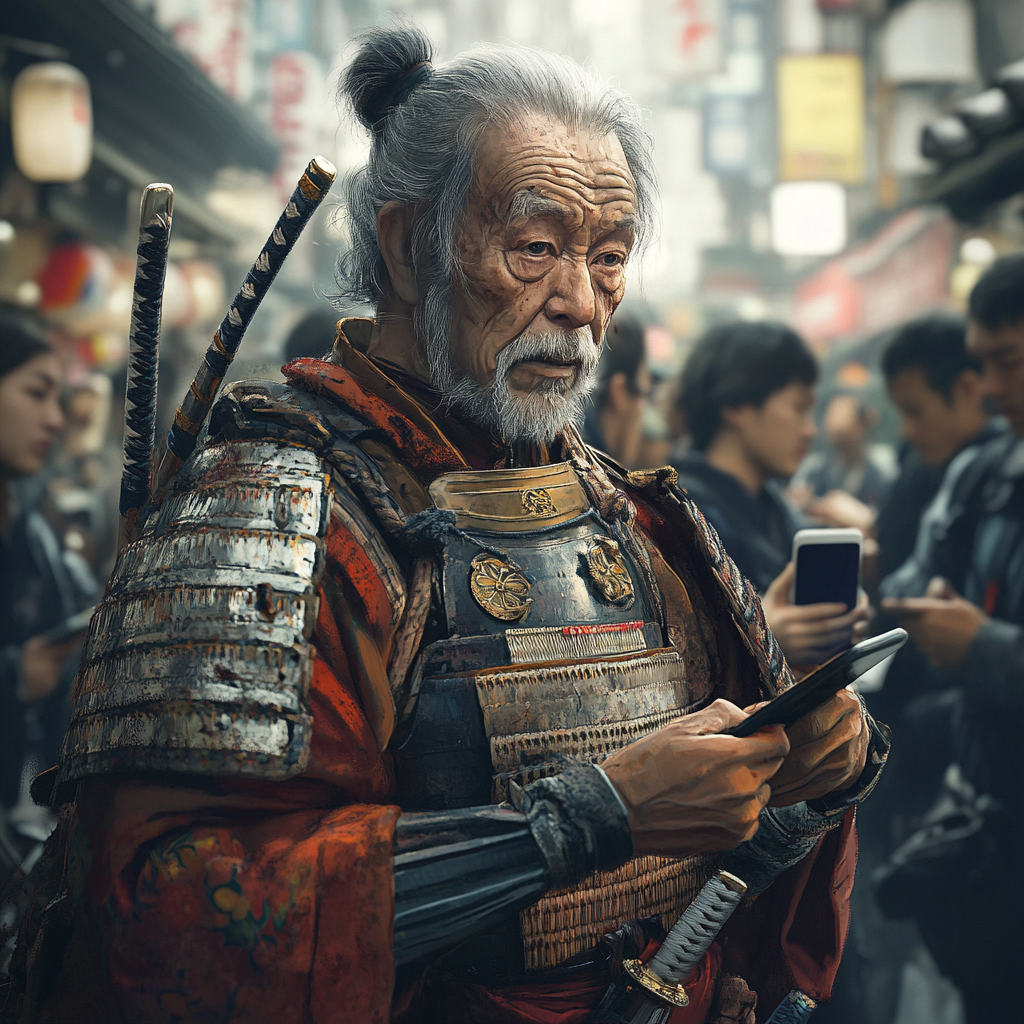 Ancient samurai in armor, confused by modern smartphones.