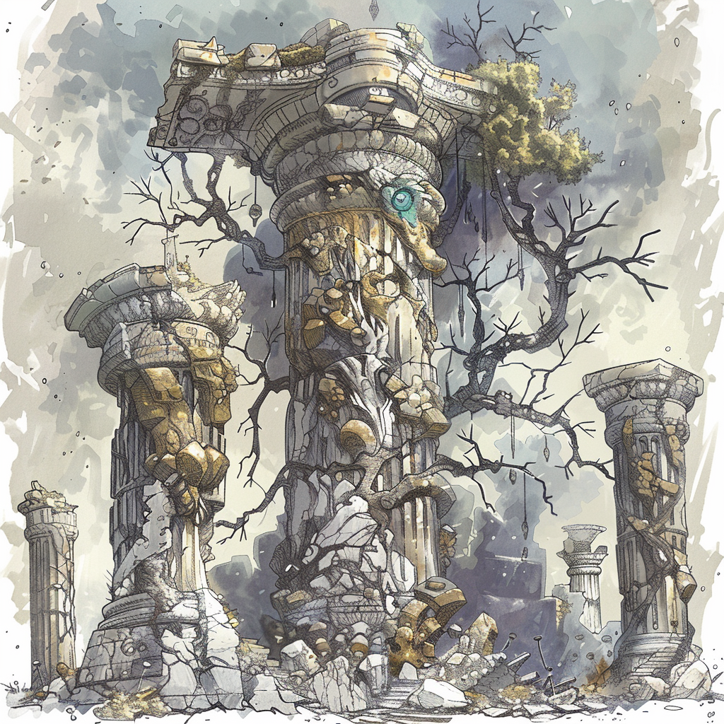 Ancient stone humanoid with glowing eyes in ruins landscape.