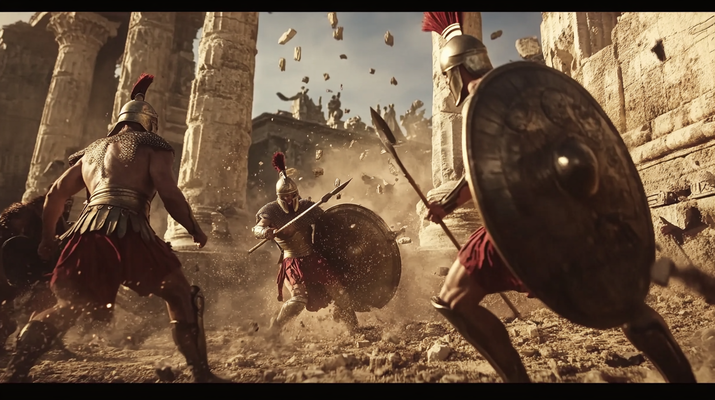 Ancient temple battle, falling columns and statues, epic scene.