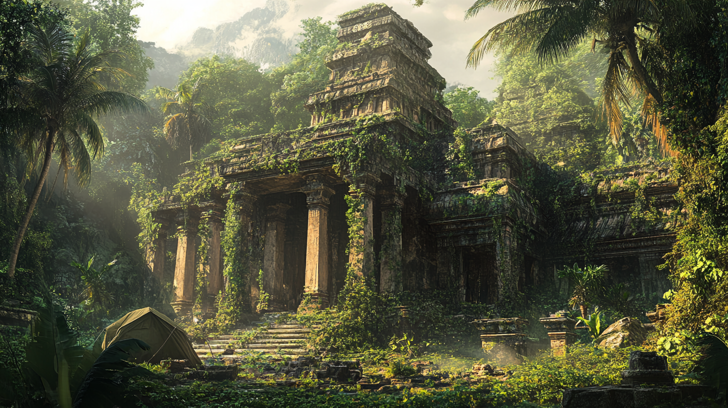 Ancient temple consumed by vibrant forest, futuristic items visible.