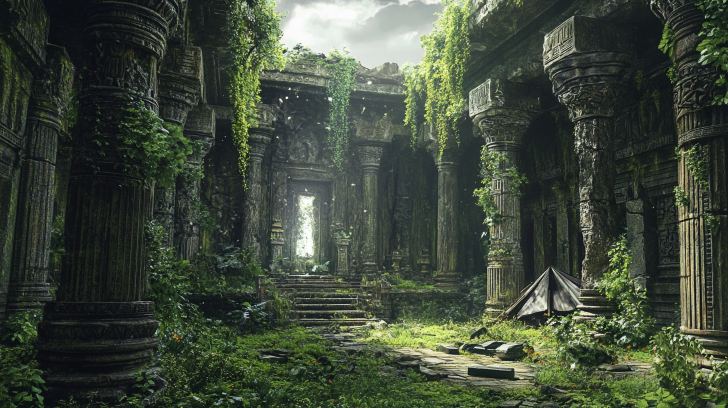 Ancient temple foyer consumed by vibrant forest overgrowth.