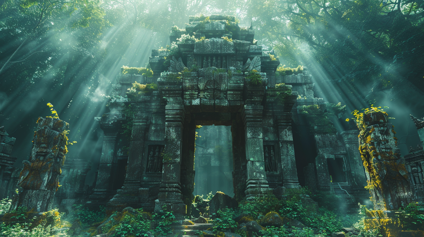 Ancient temple in forest with broken statues, mist rising.