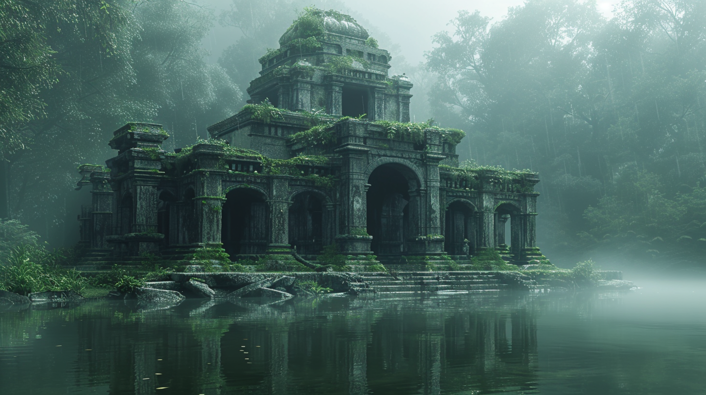 Ancient temple on forest lake, covered in moss.