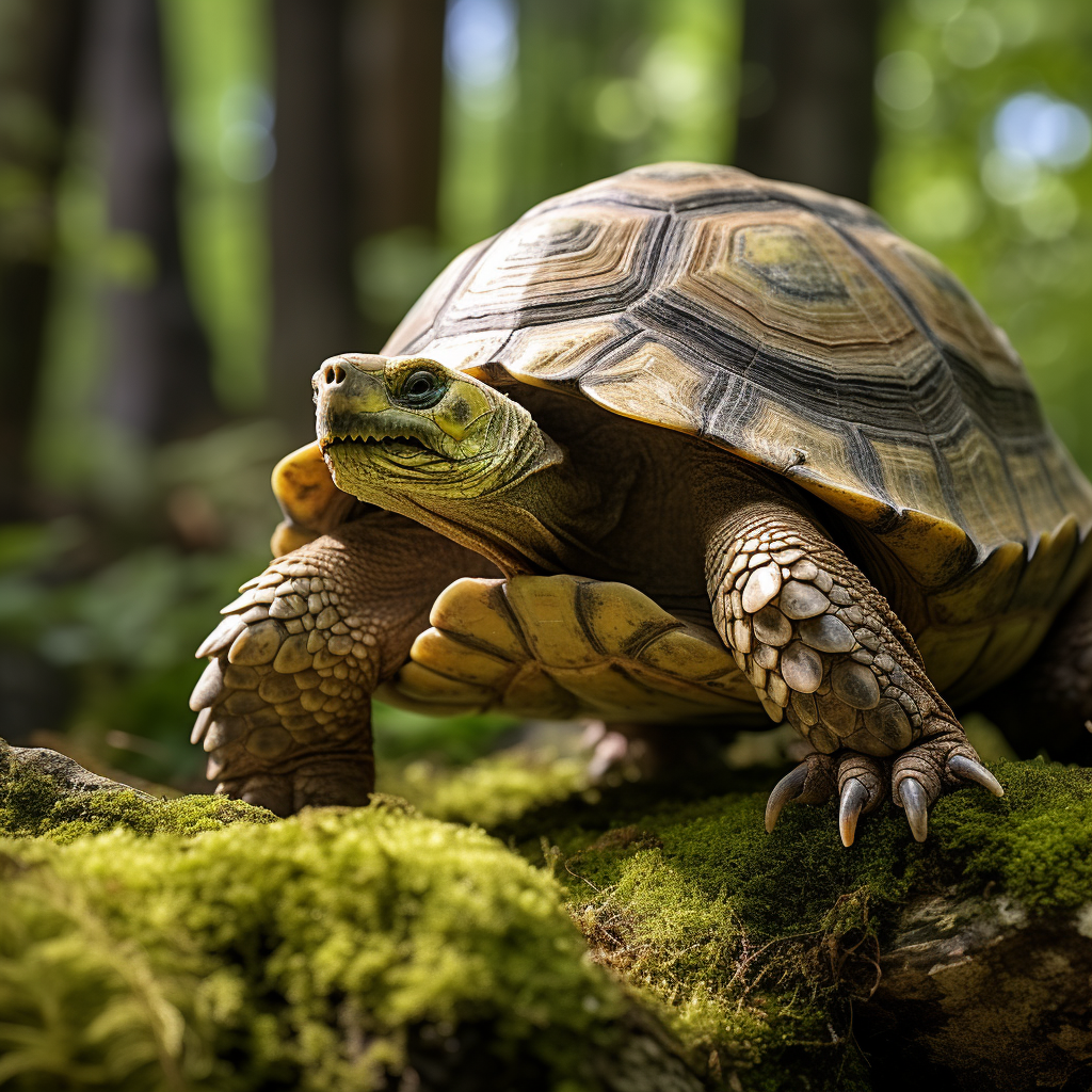 Ancient tortoise crawling through serene green forest.