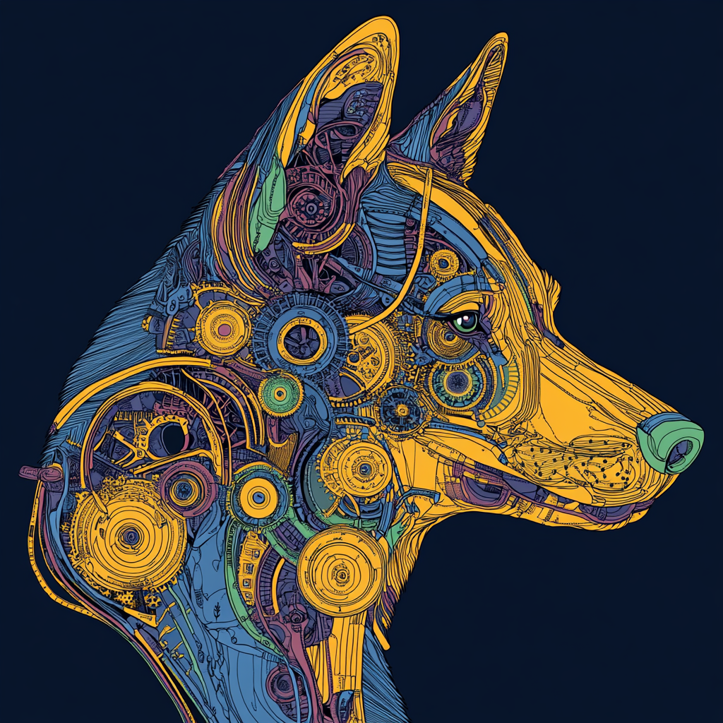 Ancient wolf head profile with colorful mechanical parts