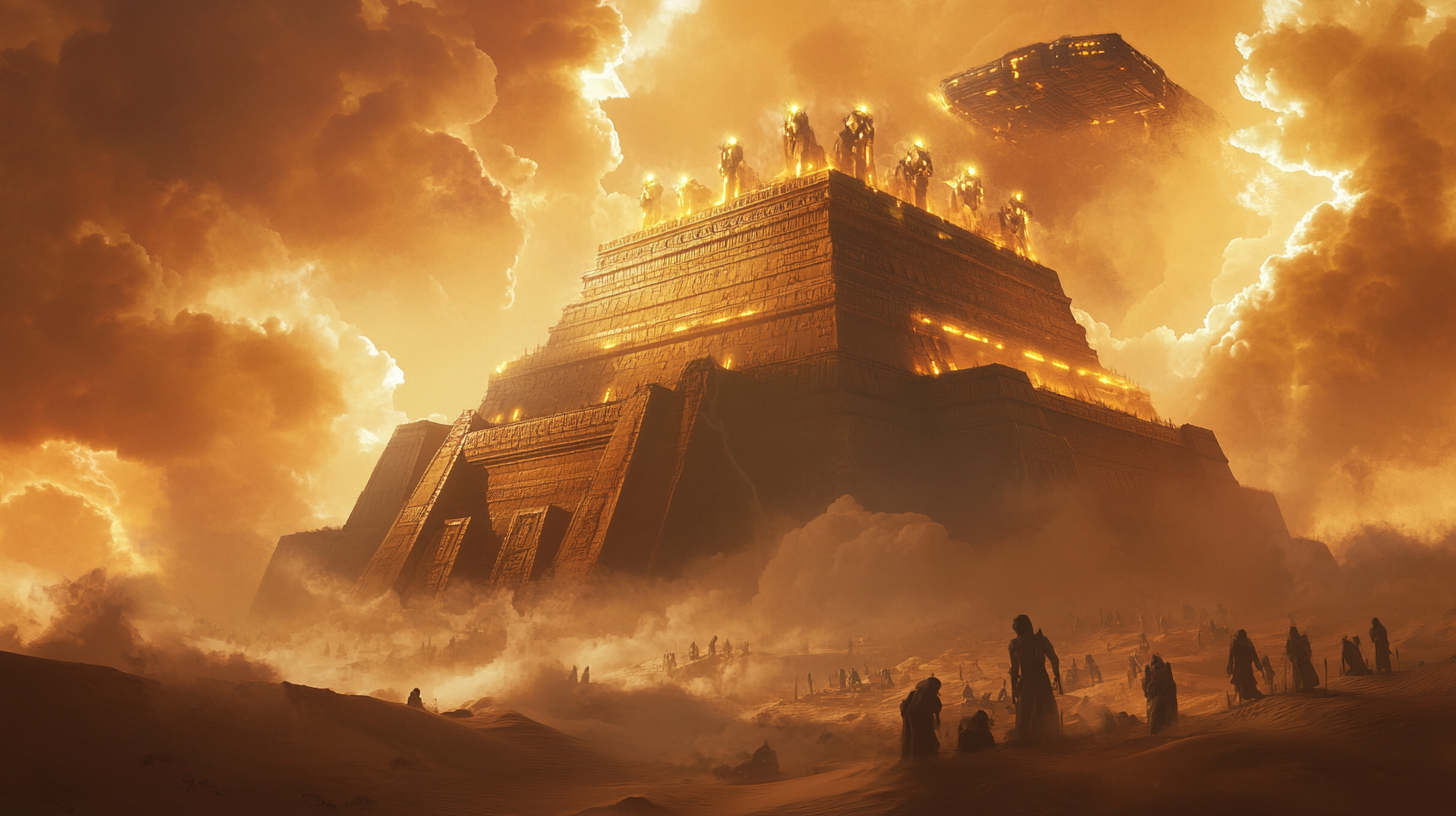 Ancient ziggurat, spaceship, storm clouds, glowing eyes, surreal landscape.