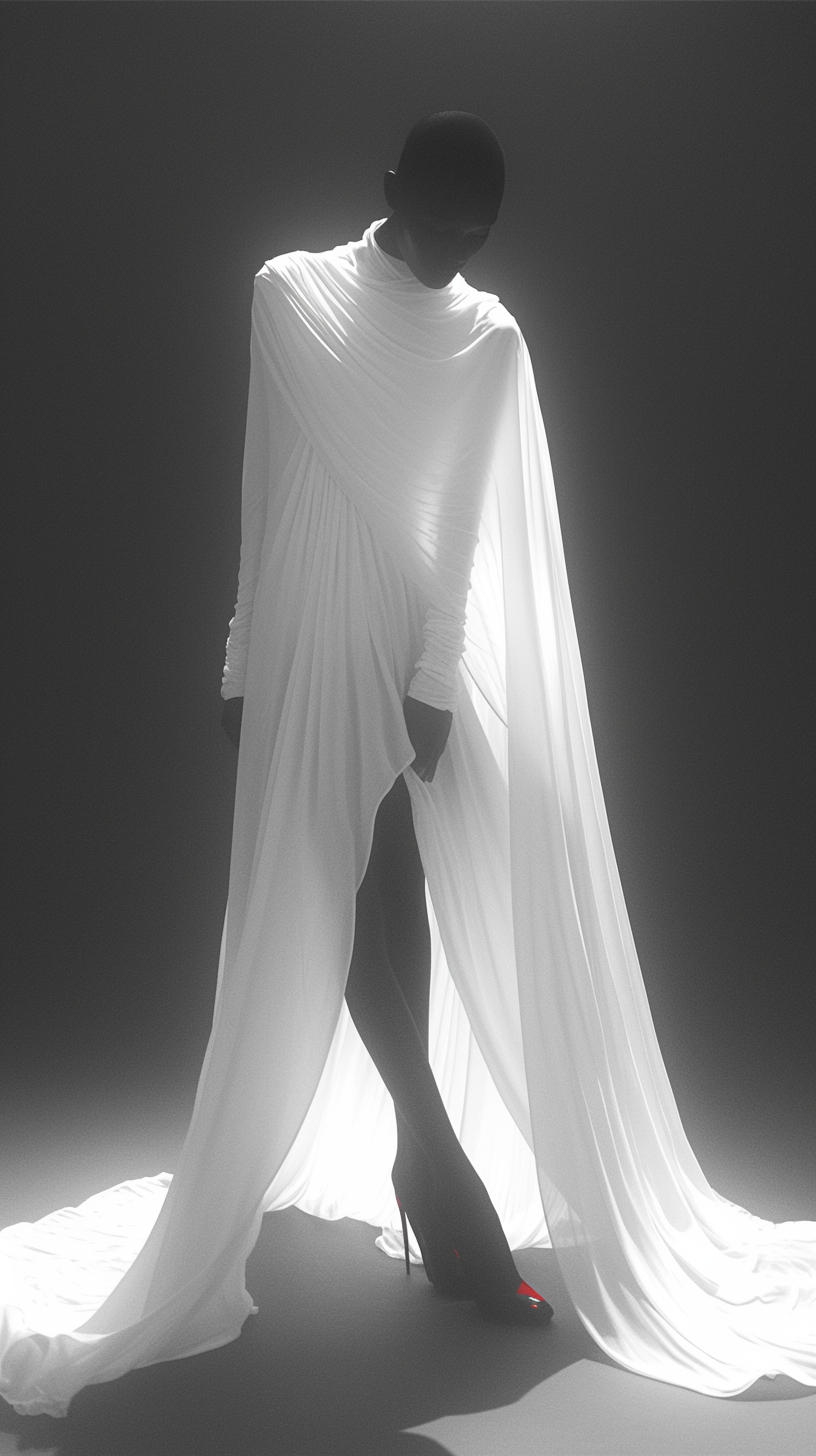 Androgynous woman in minimalist wedding dress, dramatic pose.