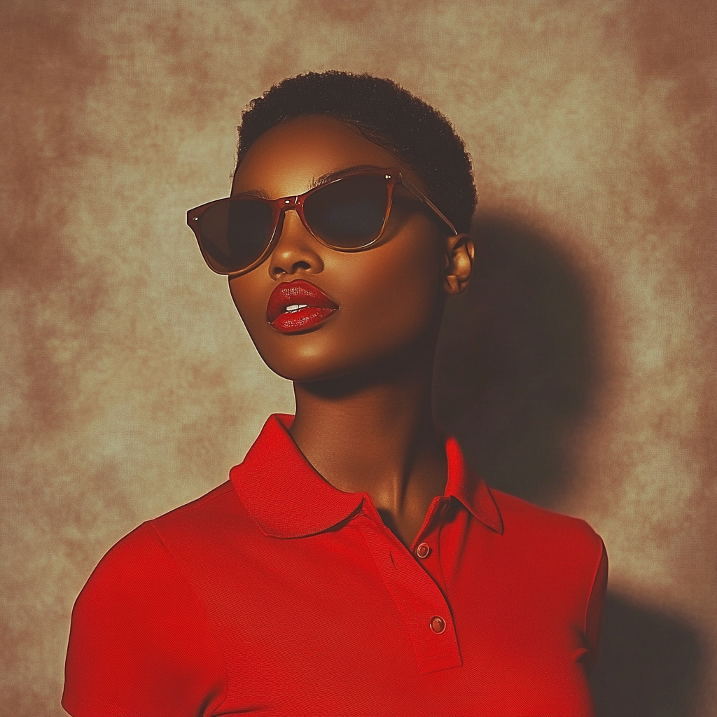 Androgynous woman in red shirt, sunglasses, vibrant portrait