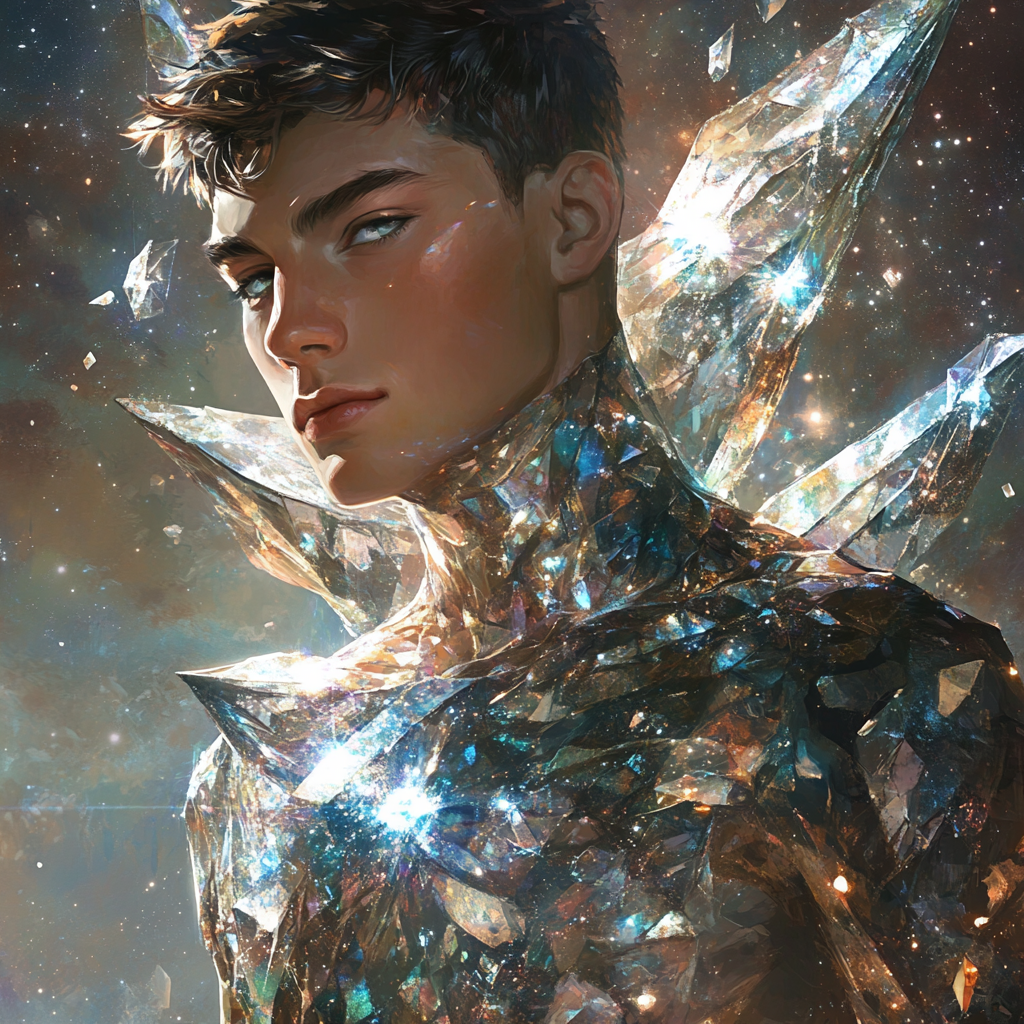 Androgynous young man in futuristic crystal outfit, galaxy backdrop.