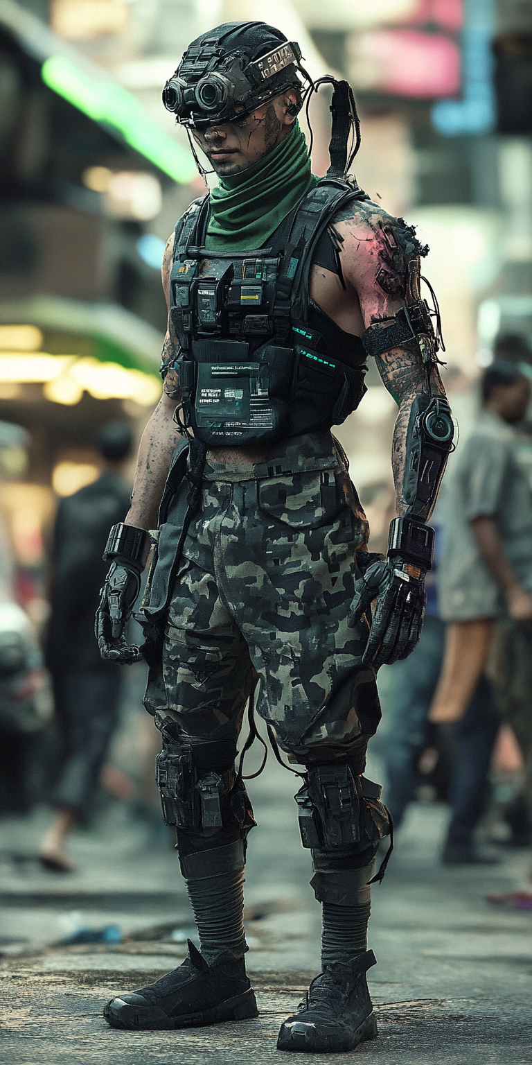 Android gang member with camo skin and sensors in city.