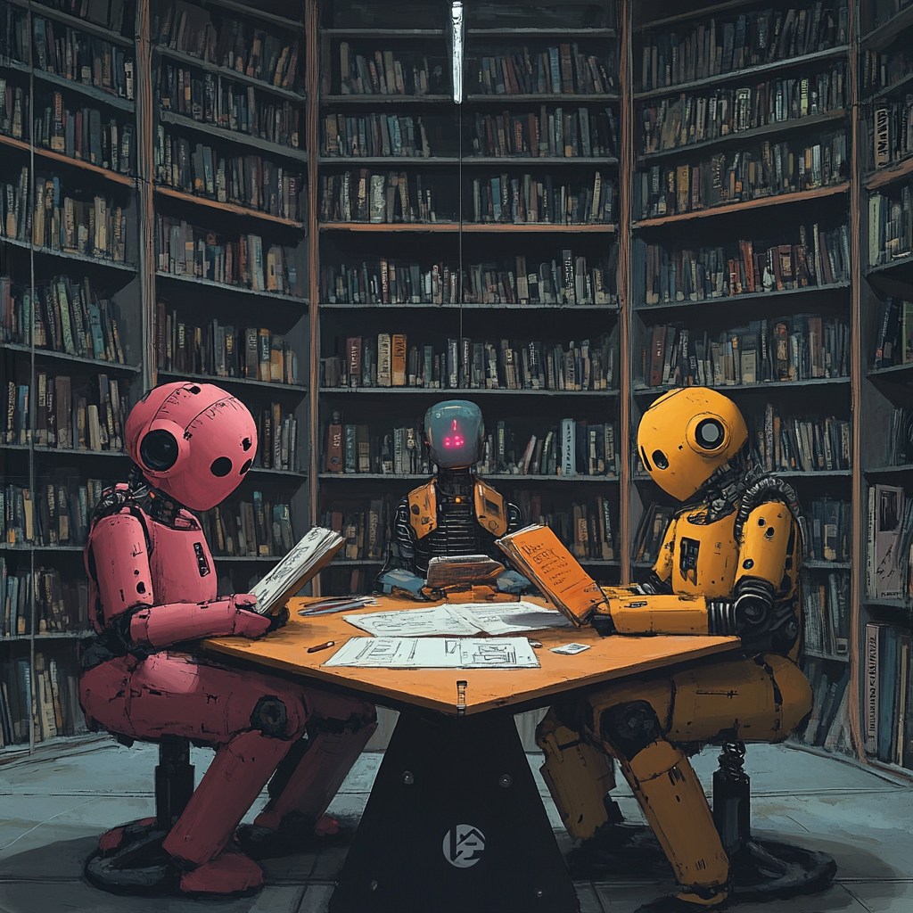 Androids at triangular table with AI-related books.