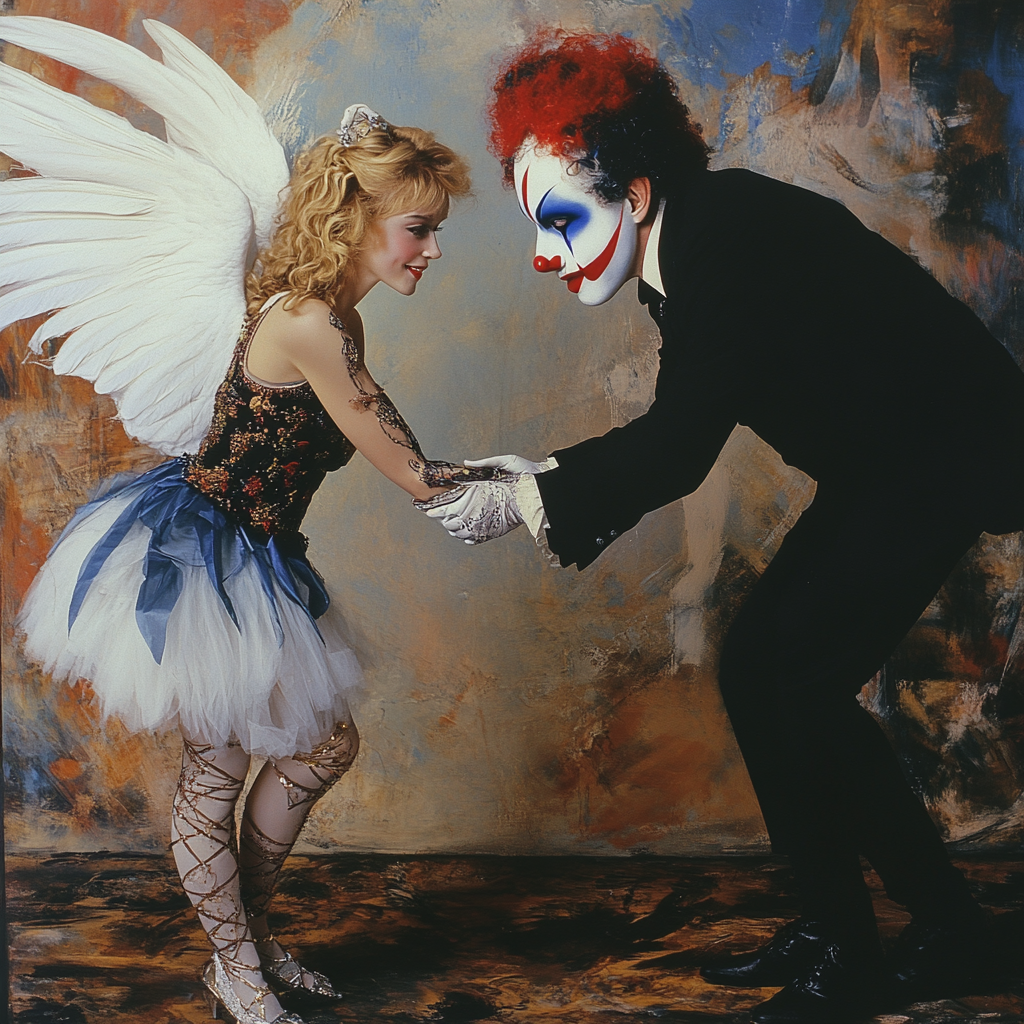 Angel Girl and Clown Shaking Hands Elegantly