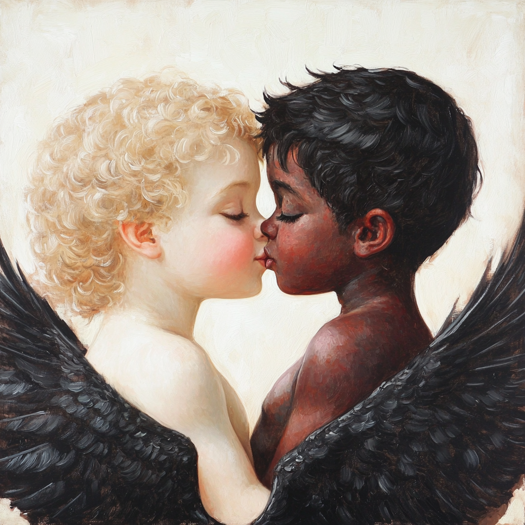 Angel and dark cupid kiss in painting light.