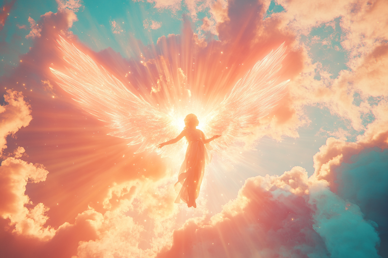 Angel awakening child with beams of pure light energy.