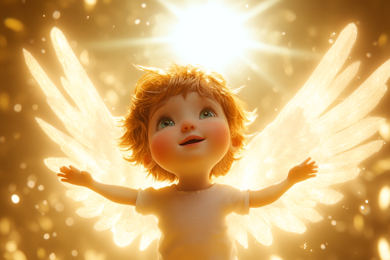 Angel guides child to inner light with radiant beams.