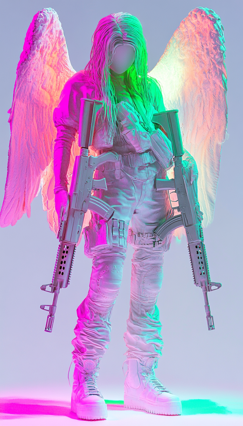 Angel holding ak-47s in vibrant 3d environment.