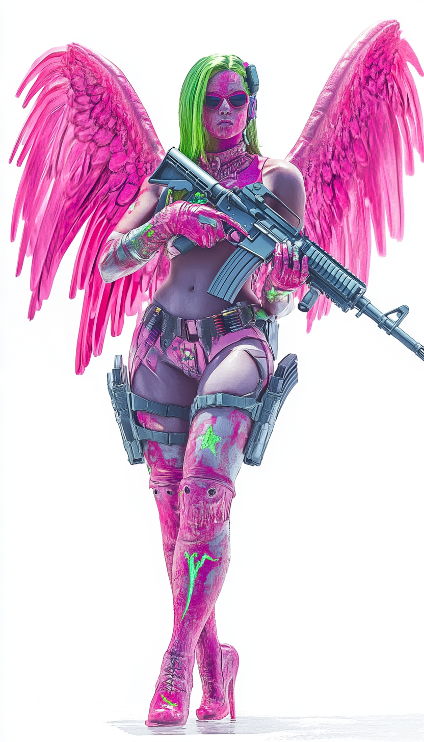 Angel holding two AK-47s in vibrant 3D cartoon.