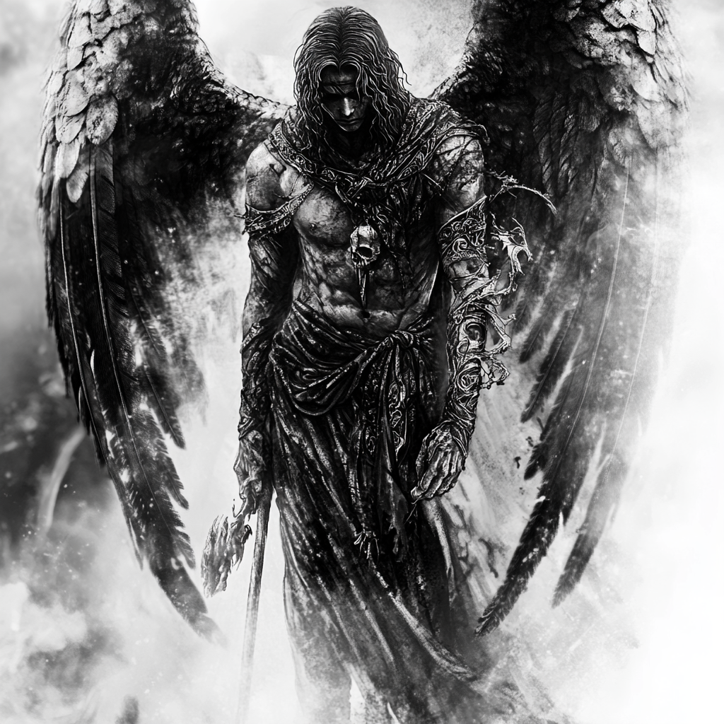 Angel of Death tattoo: male figure with dark wings, scythe.