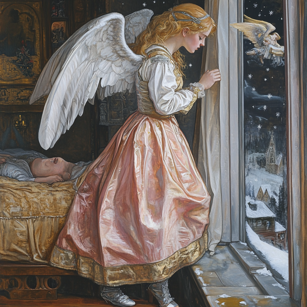 Angel watching child sleep through snowy window