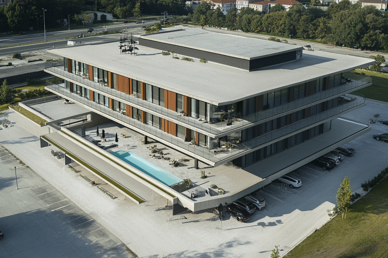 Angled view of modern concrete building with flat roof.