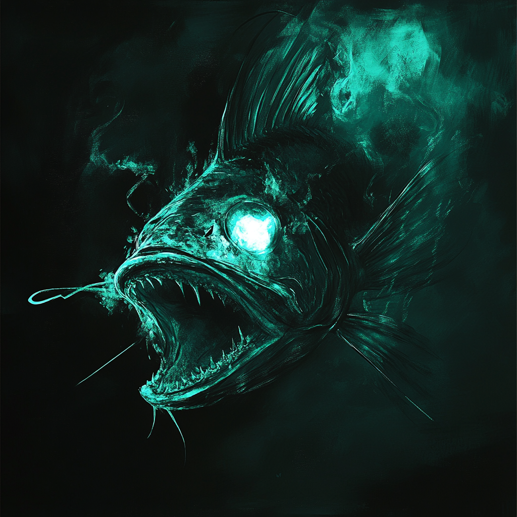 Angler fish in ocean with glowing lure.