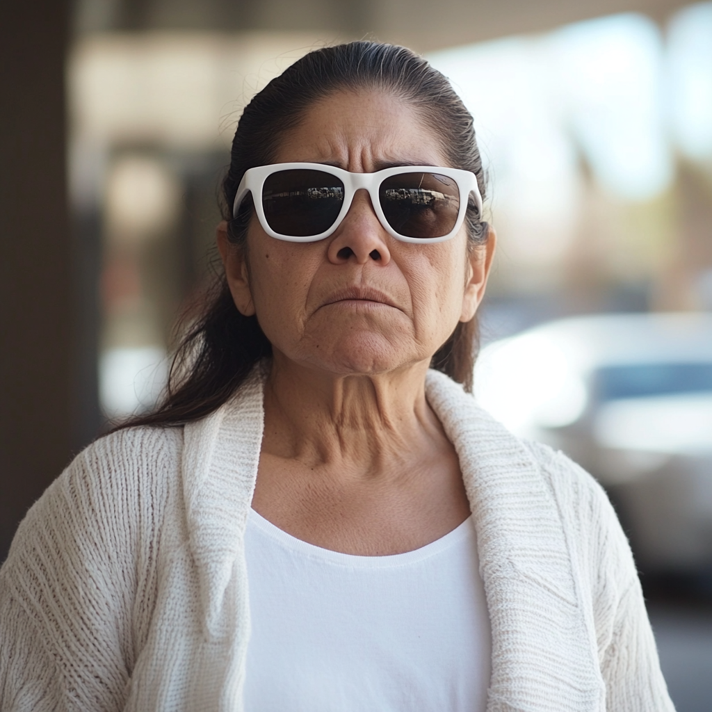 Angry Hispanic woman with white sunglasses in parking lot.