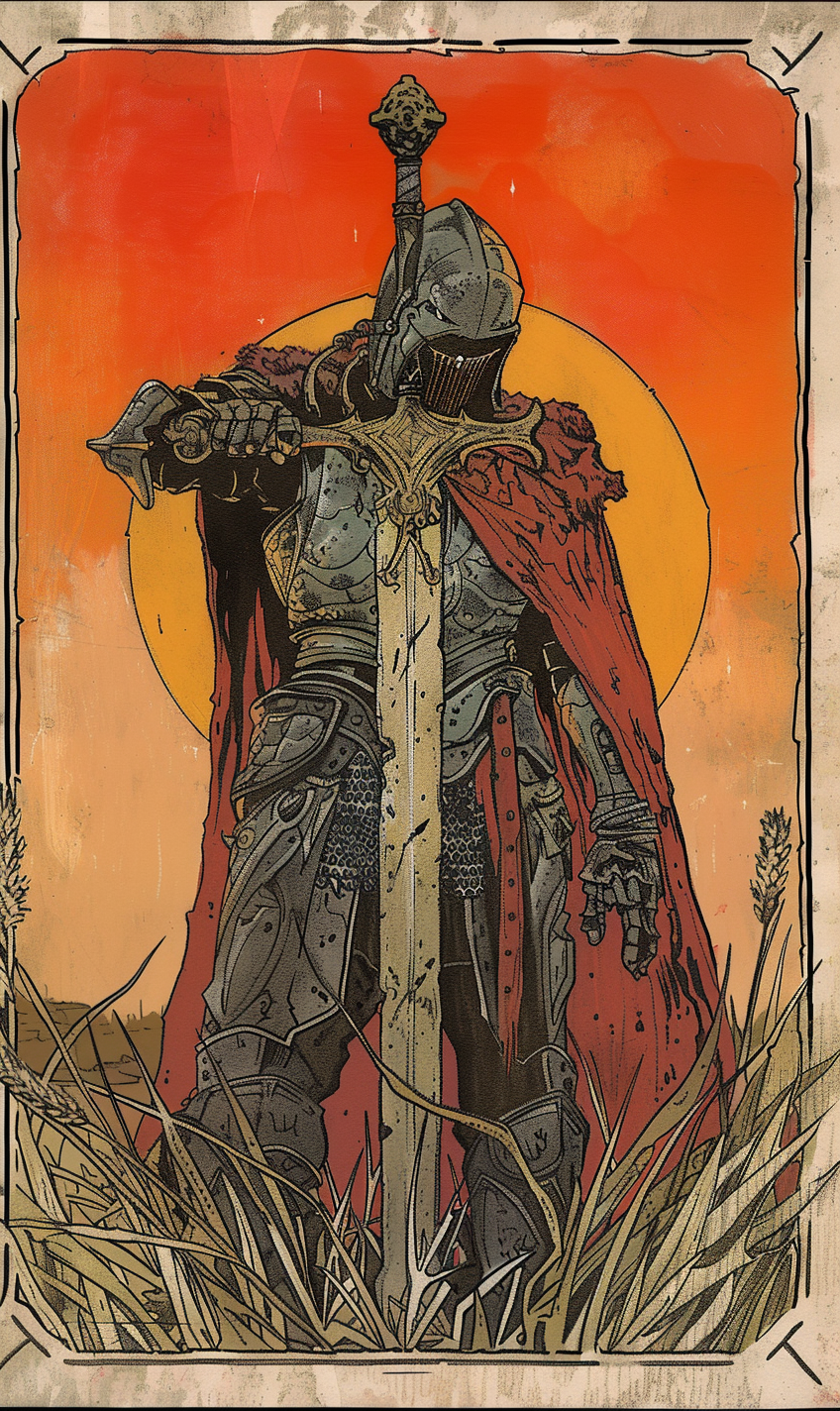 Angry Knight in Sunset Field: Vintage Trading Card