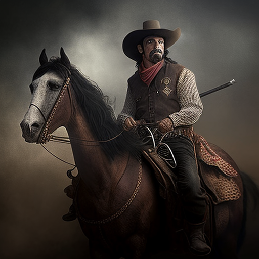 Angry Mexican cowboy with shotgun, pistol on horseback.