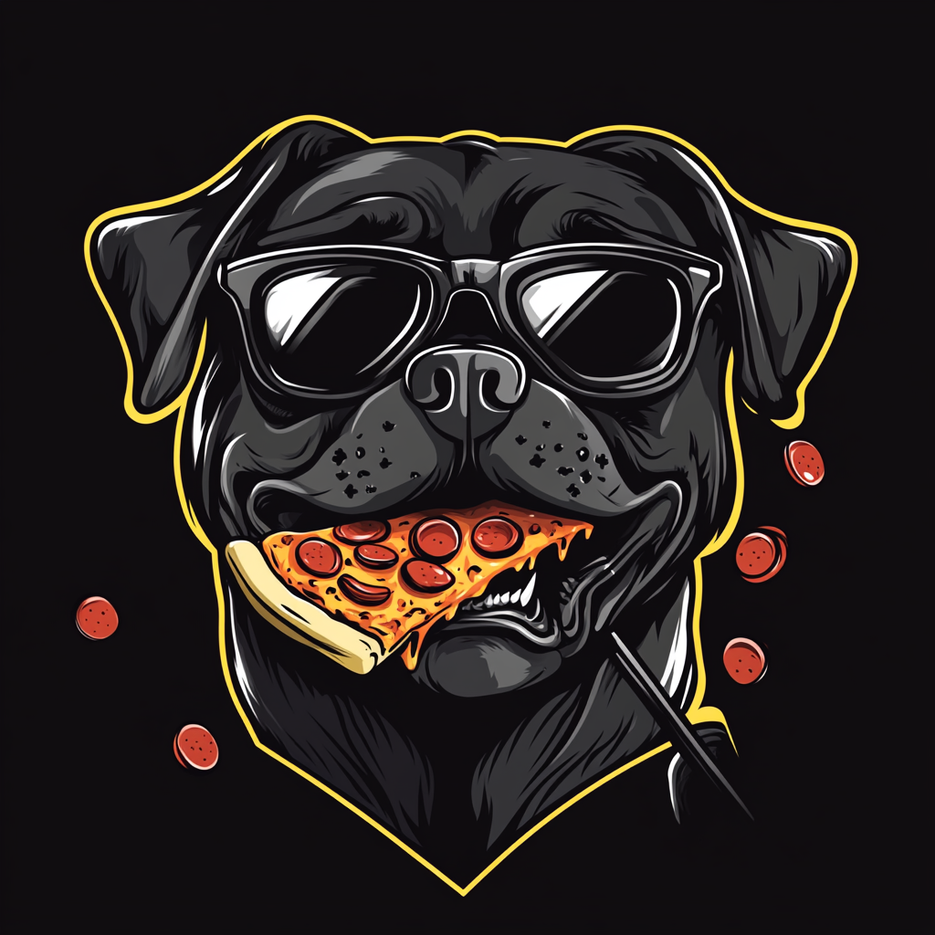 Angry black Labrador Retriever playing golf eats pizza.