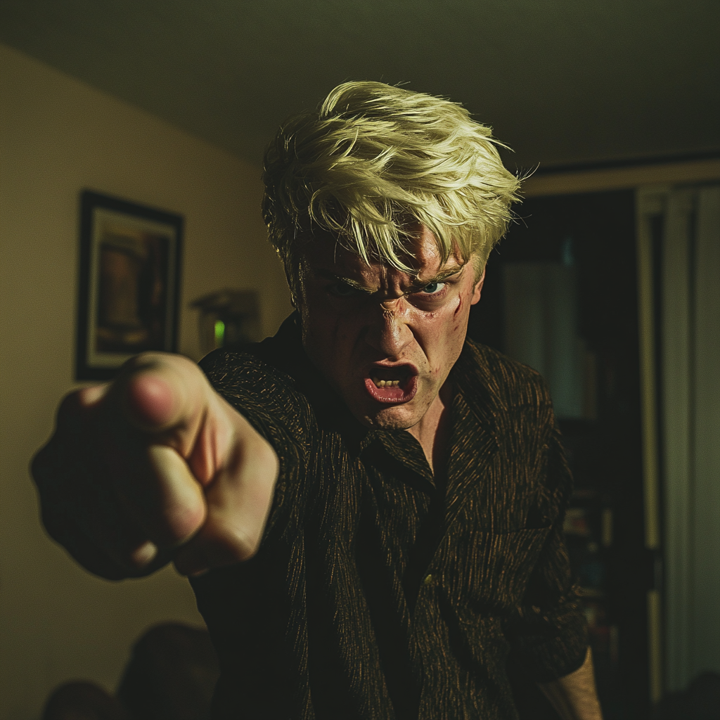 Angry blond man pointing finger, 1990 style, indoors 