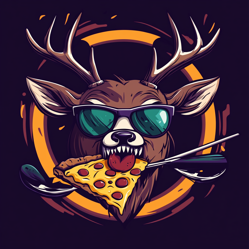 Angry deer eating pizza with broken golf club.