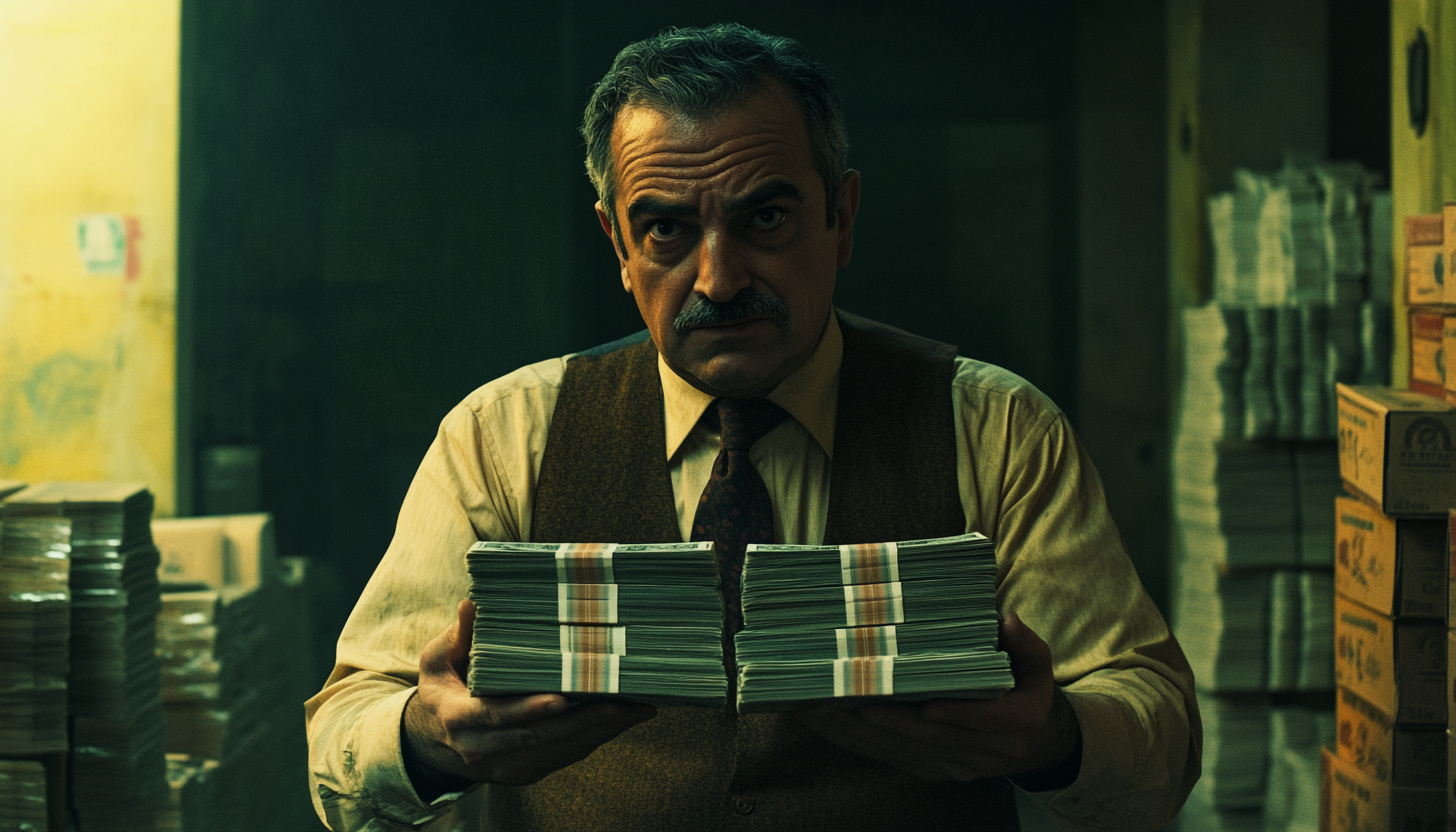 Angry detective in money-strewn warehouse, Middle Eastern vibes.