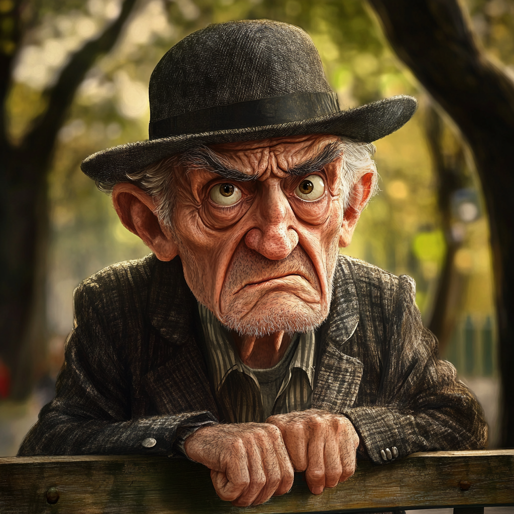 Angry elderly man waiting in park bench rendezvous.