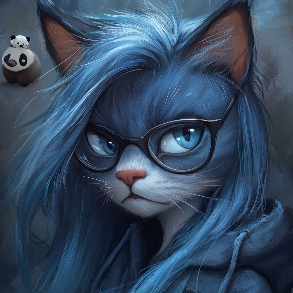 Angry female cat with blue long hair, wears glasses.