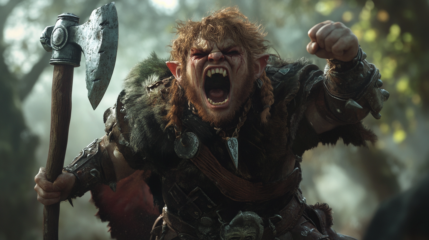 Angry halfling barbarian in battle, wielding axe, 4k.