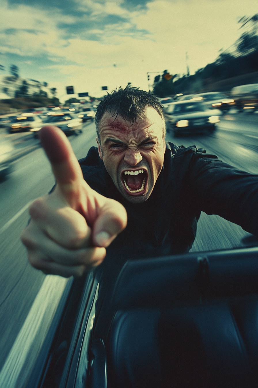 Angry man in road rage on highway.