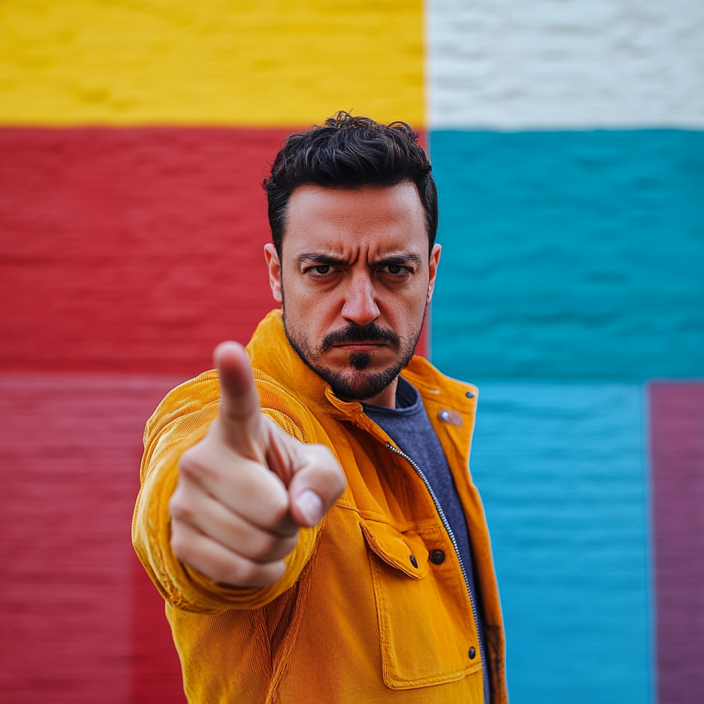 Angry man pointing finger, 1990s style, 30mm lens, 16:9