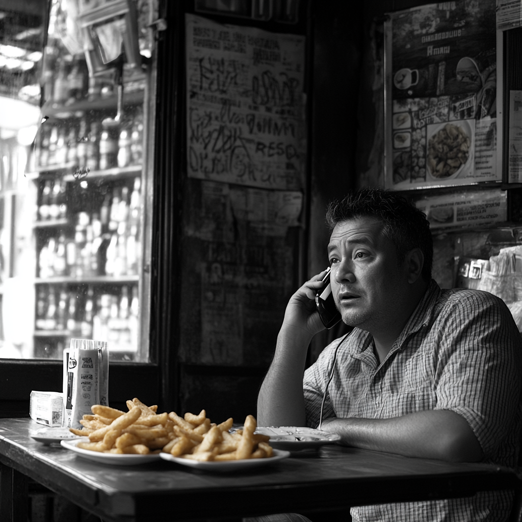 Angry man talking on phone about cold fries